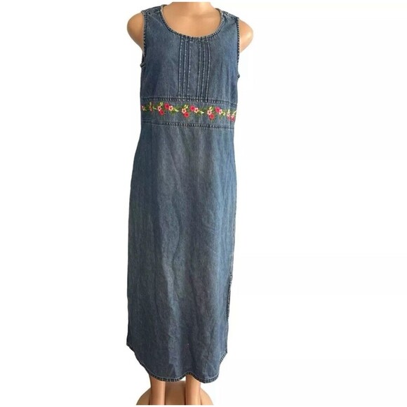 Erika Vtg 90s Denim Maxi Dress Jean Embroidered Floral S Womens Grandma Teacher - Picture 1 of 8